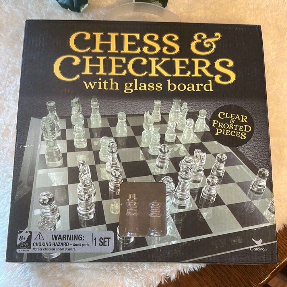 New in box Glass Chess & Checkers Set - Clear and Frosted